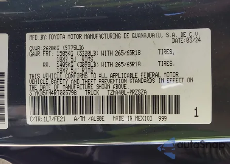 2024 Toyota Tacoma Trd Sport 2Wd from USA, damaged, VIN 3TYKB5FN4RT005798